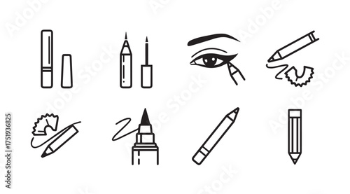 Hand drawn eyeliner and eye makeup application icons set makeup artist tools and cosmetics vector