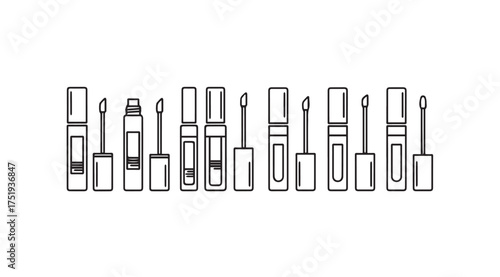 Collection of hand drawn liquid lipstick and gloss tubes with applicators artistic outline style vector