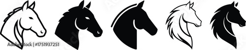 Stylized horse head silhouette set featuring five artistic variations in black and white with dynamic mane and elegant profiles