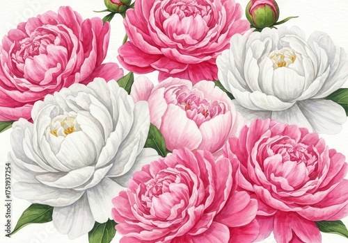 Colorful Peonies in Bloom with Delicate Petals and Lush Green Leaves on Soft Background