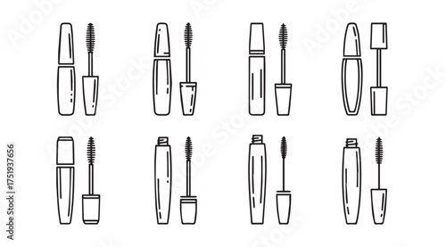 Set of stylized mascara tubes and wands in a clean line art design showcasing beauty products vector