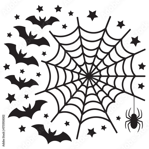 Spooky Halloween Night Scene with Bats, Stars, Spiderweb and a Dangling Spider Illustration for Festive Celebrations