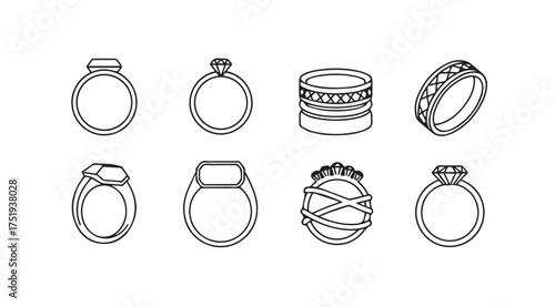 Collection of elegant rings featuring gemstones and intricate band designs vector