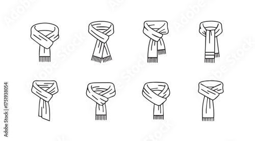 Collection of diverse scarf knot styles for fashionable winter accessories and apparel design vector