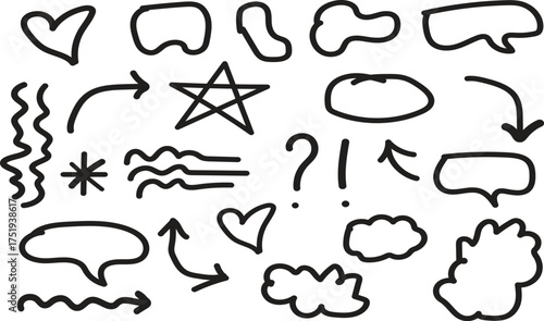 Brush art , drawing of varoius kind of icon like stars, Question marks,love, arrow, emoji,smile,sad etc icon bundle drawing with stroke line art style,vector art.