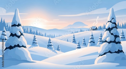 Serene Winter Landscape: Snow-Covered Trees and Distant Cottage at Sunset