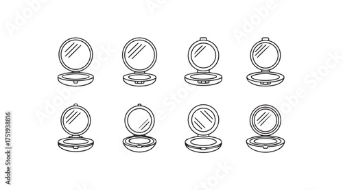 Set of eight hand drawn stylized cosmetic compact powder cases with mirrors artistic sketch design vector