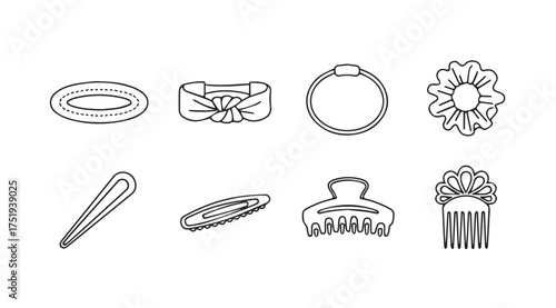 Collection of eight hand-drawn hair accessories including clips barrettes and combs for styling and decoration vector
