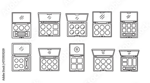 Collection of makeup palettes and cosmetic cases presented top down view vector