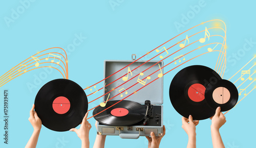 Women with record player an...