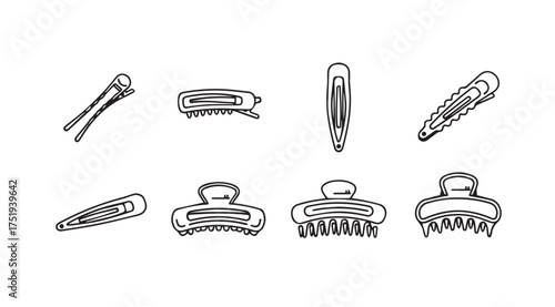 Collection of various hair clips and styling accessories isolated hand drawn elements vector