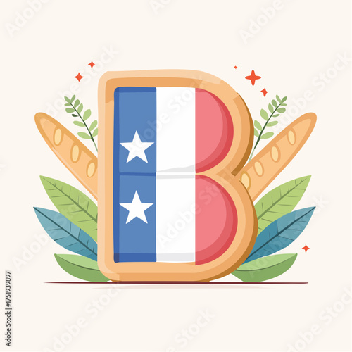 Baguette Art Illustration: A stylized letter B is elegantly designed with a French flag pattern, surrounded by vibrant greenery and traditional baguette.