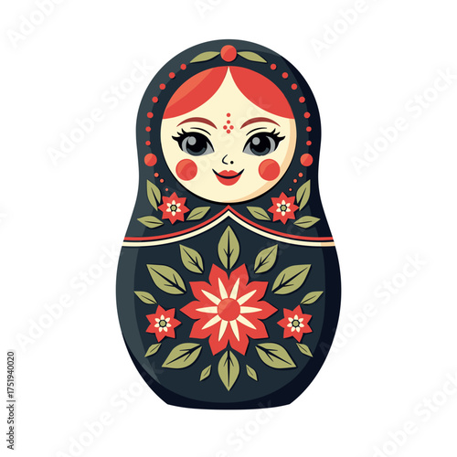 Isolated matryoshka doll with red floral ornament and smiling face on white backdrop. Traditional isolated Russian doll for decorative use. Beautiful isolated matryoshka doll for cultural designs,