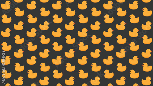Seamless pattern of cute yellow rubber ducks on a dark gray background. Vector repeating background with yellow rubber ducks for bold designs