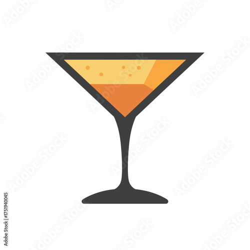 Cocktail glass with orange drink isolated on white background for advertising purposes. Refreshing cocktail glass displays fizzy drink with bubbles in geometric style, isolated for clarity.