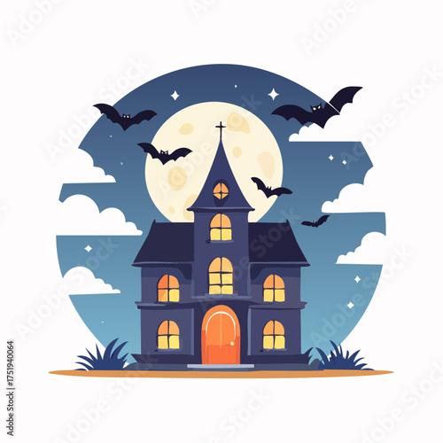 A scary, cartoon Halloween night illustration featuring a haunted house, spooky trees, bats, and a pumpkin silhouette against a dark sky and full moon