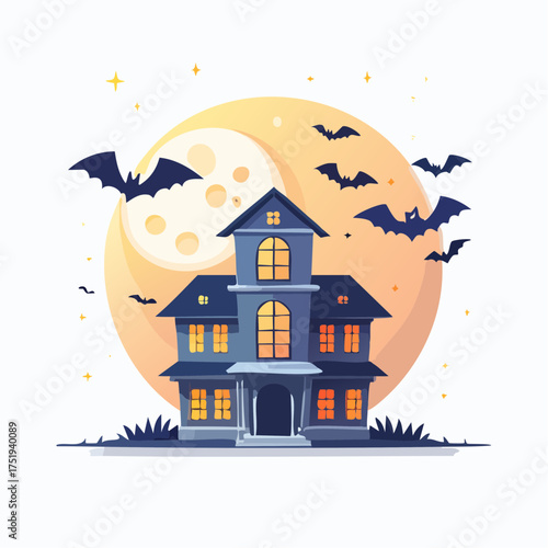 Spooky cartoon vector illustration of a dark house at night with a little girl and a bat silhouette under the moon and starry sky