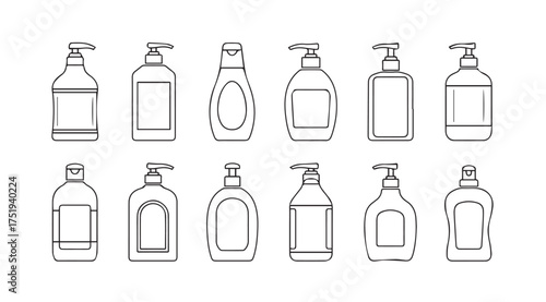 Collection of hand drawn soap dispenser bottles for personal care products and hygiene vector