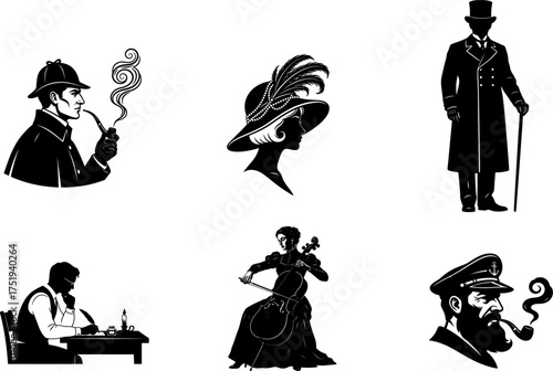 Wallpaper Mural Elegant vintage silhouette vector set featuring classic characters: detective, lady with hat, gentleman, writer, musician, and sea captain. Perfect for retro design, posters, book covers, and more.  Torontodigital.ca