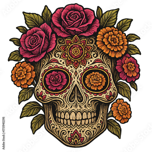 Sugar Skull Crown with Flowers Vector