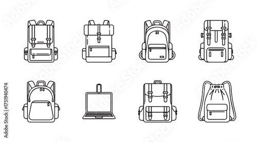 Collection of eight stylized line art drawings of various backpacks and a bagpack for hiking and travel vector
