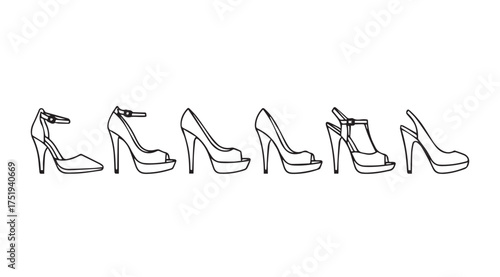 Diverse collection of elegant high heel shoes sketches in a row fashion footwear vector