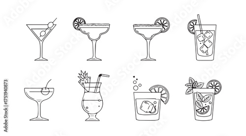 Collection of eight hand-drawn cocktail glasses featuring various refreshing drinks and garnishes vector