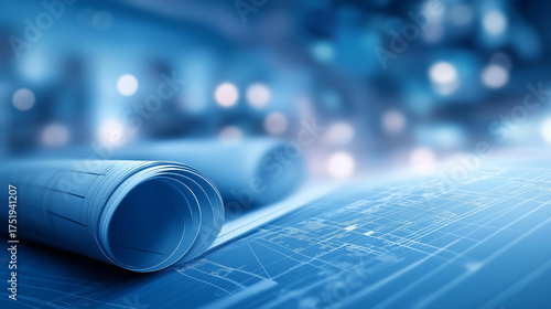 Architectural blueprint with investment data for a health facility, smart infrastructure expansion, engineering innovation in real estate, construction technology in healthcare pro