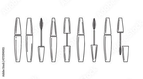 Collection of mascara wands and tubes detailed line art for beauty products vector