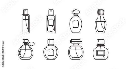 Set of eight elegant perfume bottles in a simple line art style vector