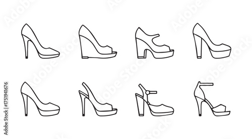 Collection of elegant high heel shoe outlines various styles fashion footwear fashionable vector