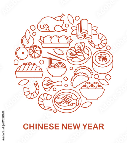 Modern line art vector illustration of traditional Chinese New Year food arranged in a circle. Includes dumplings, fish, noodles, chicken, bok choy, and festive dishes. Perfect for holiday design