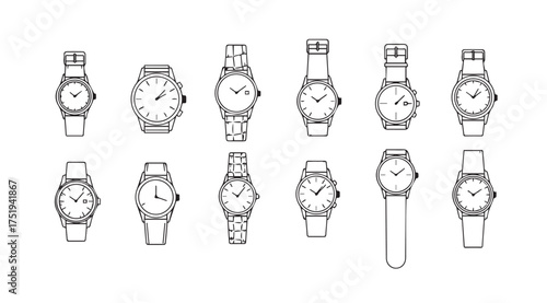 Collection of hand-drawn style wristwatches for fashion and timekeeping concepts vector