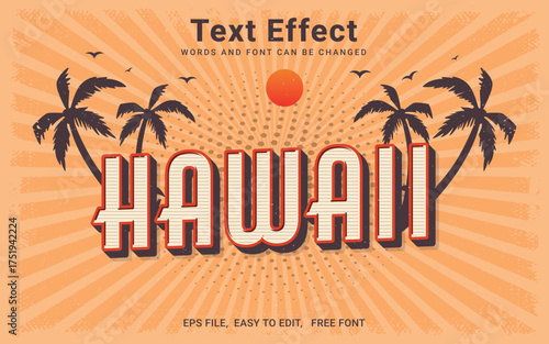 Editable vintage text style effect, Hawaii retro summer text in grunge style theme