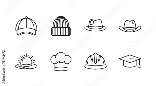 Collection of diverse headwear icons featuring hats caps beanies helmets and graduation cap vector
