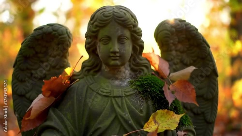 Close-up of an aged stone angel statue with autumn leaves, serene and contemplative.