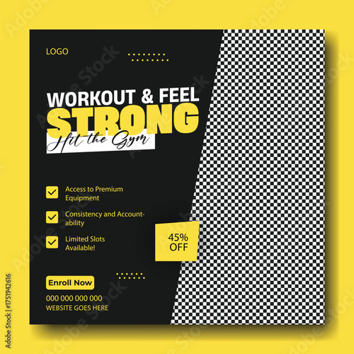 Modern Gym Fitness Social Media Template.
Professional Gym Flyer Design Template.
Fitness Club Promotional Poster Layout.
Gym Workout Instagram Post Template.
Bodybuilding and Training Banner Design.
