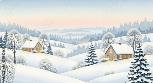 Watercolor Winter Landscape with Cozy Cabins and Snow-Covered Hills