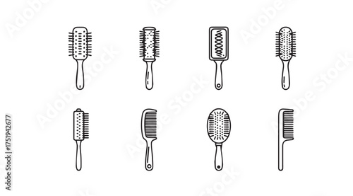 Collection of eight vintage hair brushes and combs line art set vector