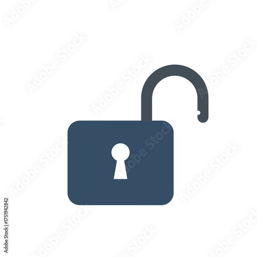 Modern flat vector icon of an unlocked padlock representing digital security access, freedom, and authorization in web and mobile interfaces
