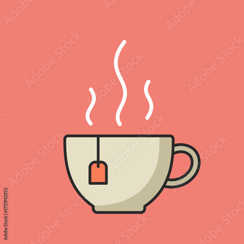 Simple line icon of a steaming hot cup of tea with a teabag