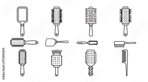 Collection of various hair brushes and styling tools in line art for hairdressing and beauty vector