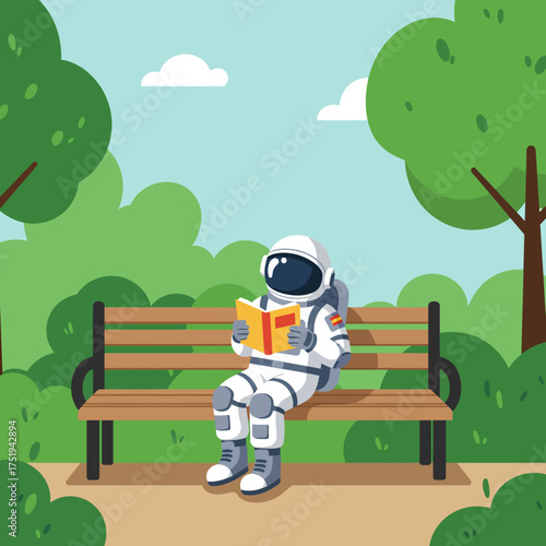 Astronaut enjoys a quiet, contemplative moment, engrossed in a fascinating book on a peaceful park bench
