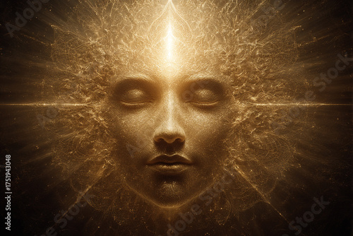 Mystical Enlightenment. A serene face with radiant golden light symbolizing enlightenment