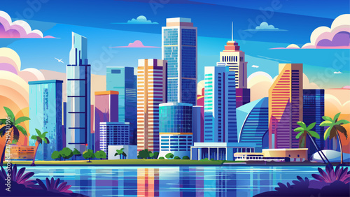 
Very beautiful panoramic view of downtown Miami, Florida, USA, with modern skyscrapers reflecting sunlight over Biscayne Bay, creating a vibrant tropical cityscape under a clear blue sky.