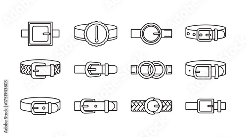 Collection of twelve diverse belt styles and buckles hand-drawn outline graphics vector