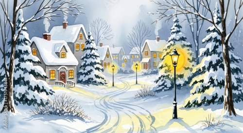 Watercolor Winter Village: Snowy Houses, Glowing Lights, Serene Landscape