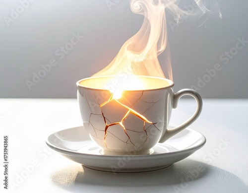 Metamorphosis in a Cup: A cracked teacup emits radiant steam, suggesting a transformation, the fragility of the vessel accentuates the power of the contained heat.