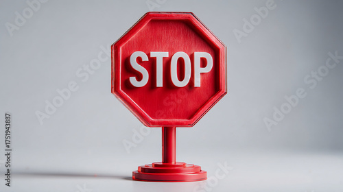 Red Stop Sign. A red stop sign with a gray background, featuring bold white letters.