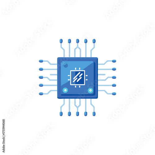 Illustration of a blue microchip with connection pins and internal circuitry